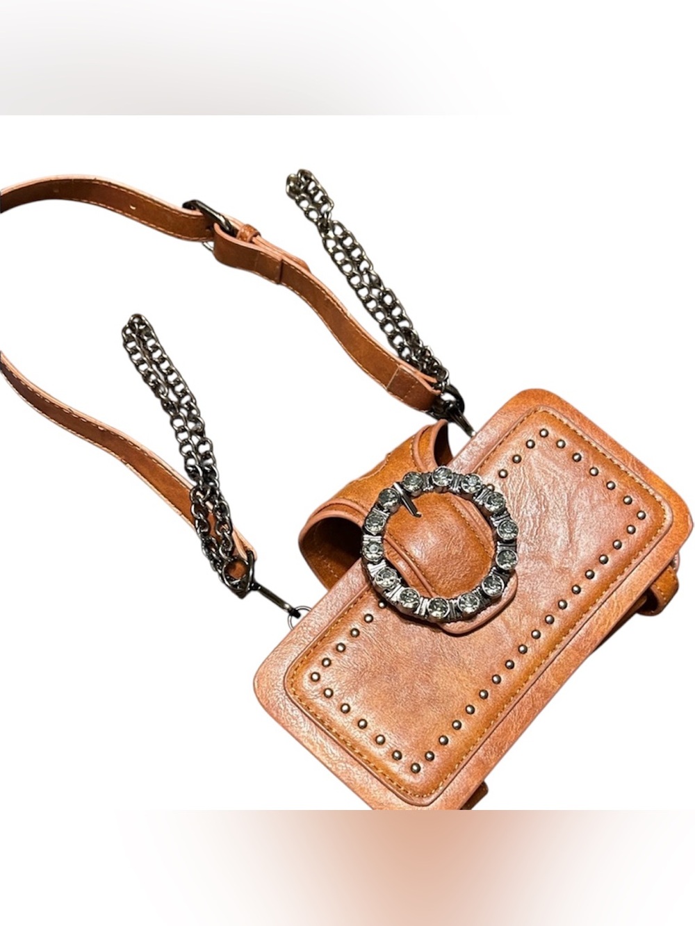 Mini Hand Bag in Cognac with Crystal Ring
